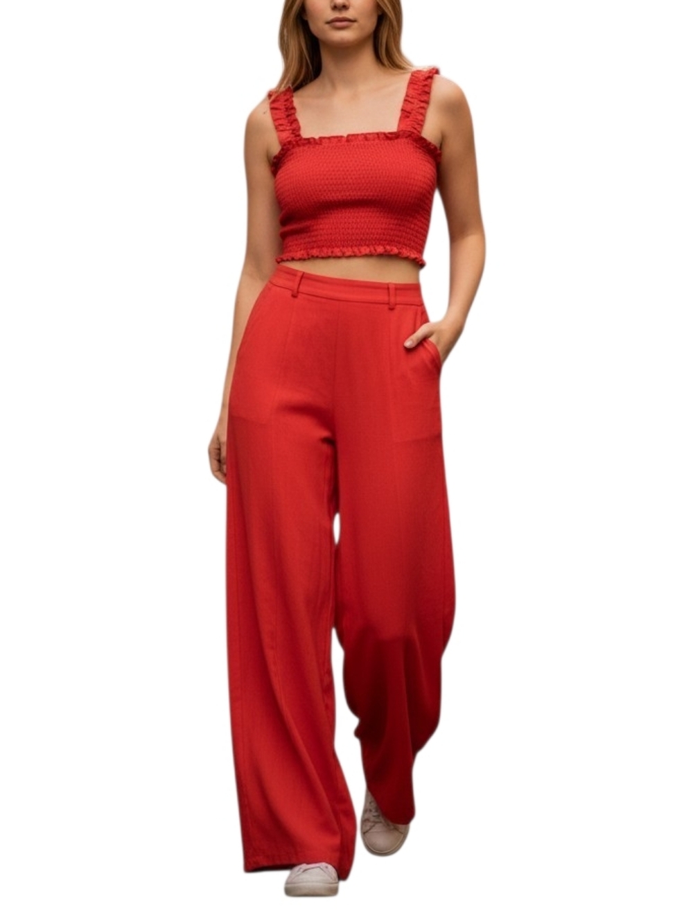 *NWT* Trendy Sienna Sky Red Ruffled Crop Top and Wide Leg Pants Set Sz M